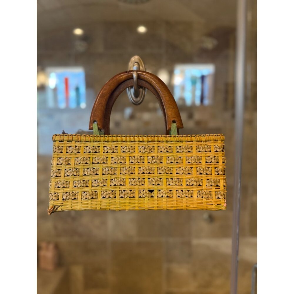 Vintage Handwoven Wicker & Wood Handle Rectangular Bag Purse Made In Thailand